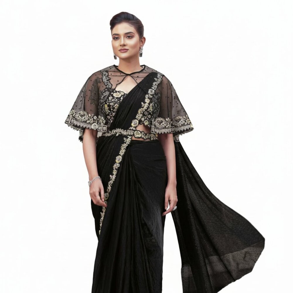 Luxury Women's Embroidered Black Satin Saree with Cape Sleeve Blouse